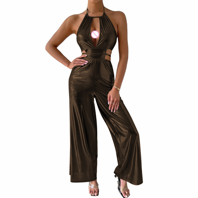 Sexy Sleeveless Hollow Out Jumpsuit Women Fashion Soft Metallic Halter Tie Back Backless Rompers Overalls Sexy Party Clubwear