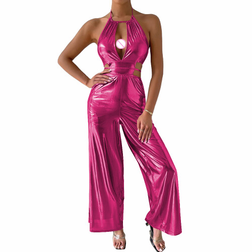 Sexy Sleeveless Hollow Out Jumpsuit Women Fashion Soft Metallic Halter Tie Back Backless Rompers Overalls Sexy Party Clubwear
