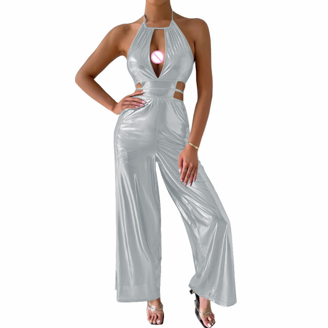 Sexy Sleeveless Hollow Out Jumpsuit Women Fashion Soft Metallic Halter Tie Back Backless Rompers Overalls Sexy Party Clubwear