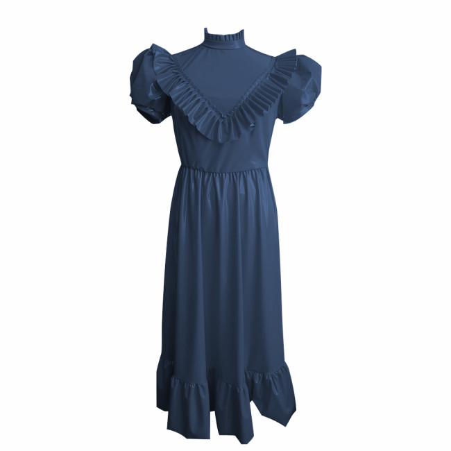 Retro High Waist Long Dress Sissy Elegant Puff Short Sleeves A-Line Dress with Ruffle Trim Vinyl PVC Leather Princess Style Robe