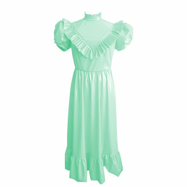 Retro High Waist Long Dress Sissy Elegant Puff Short Sleeves A-Line Dress with Ruffle Trim Vinyl PVC Leather Princess Style Robe