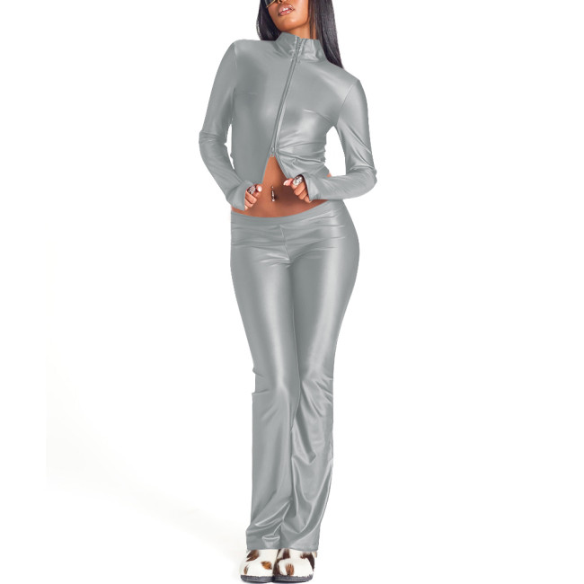 Fashion Ladies 2 Piece Sets for Women Long Sleeve High Neck Zipper Front Crop Top High Waist Slim Fit Long Pants Set Clubwear