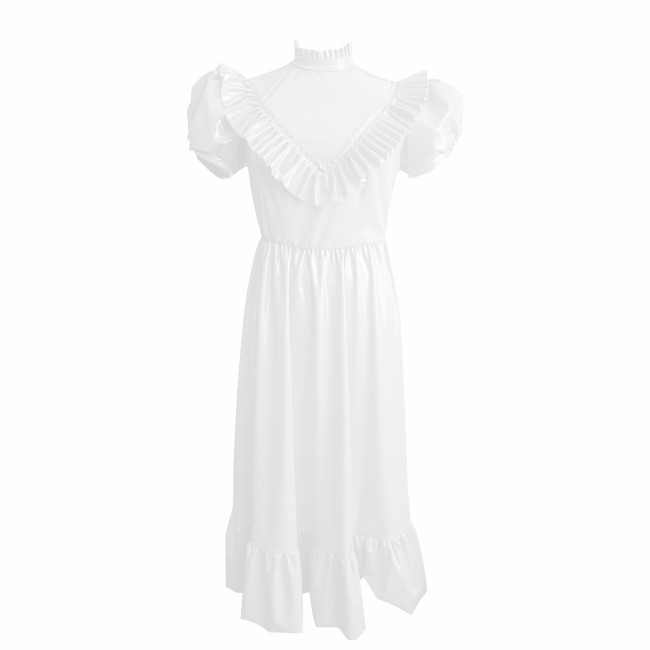 Retro High Waist Long Dress Sissy Elegant Puff Short Sleeves A-Line Dress with Ruffle Trim Vinyl PVC Leather Princess Style Robe