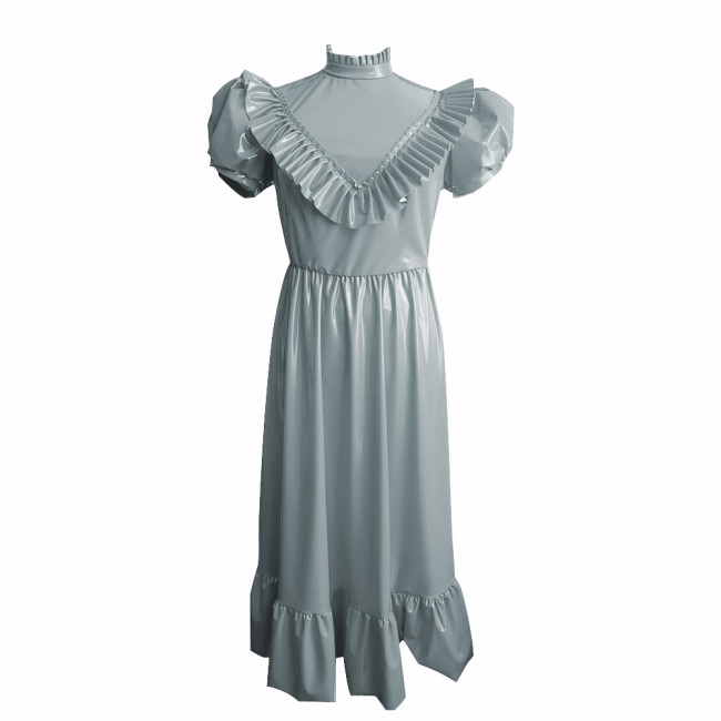 Retro High Waist Long Dress Sissy Elegant Puff Short Sleeves A-Line Dress with Ruffle Trim Vinyl PVC Leather Princess Style Robe