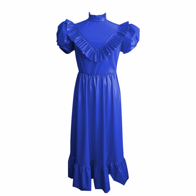 Retro High Waist Long Dress Sissy Elegant Puff Short Sleeves A-Line Dress with Ruffle Trim Vinyl PVC Leather Princess Style Robe