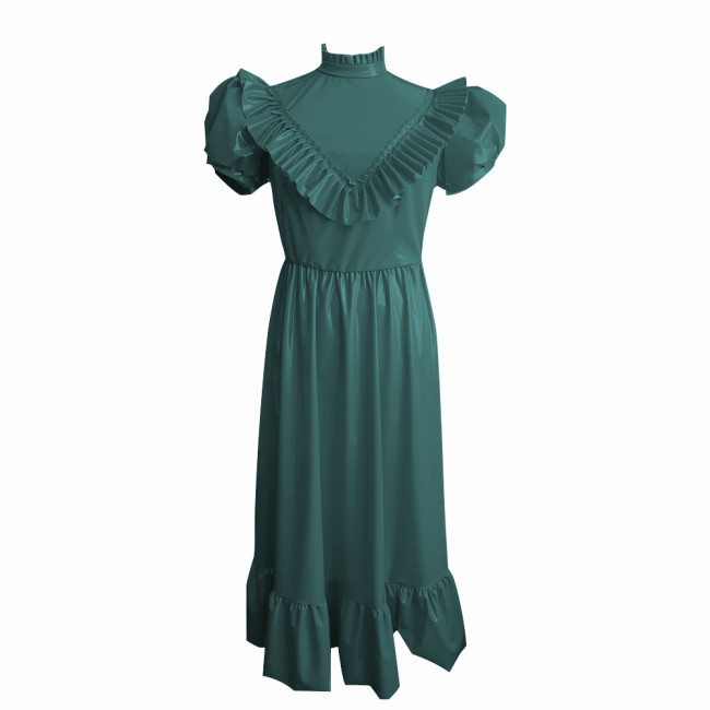Retro High Waist Long Dress Sissy Elegant Puff Short Sleeves A-Line Dress with Ruffle Trim Vinyl PVC Leather Princess Style Robe