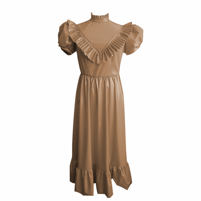 Retro High Waist Long Dress Sissy Elegant Puff Short Sleeves A-Line Dress with Ruffle Trim Vinyl PVC Leather Princess Style Robe