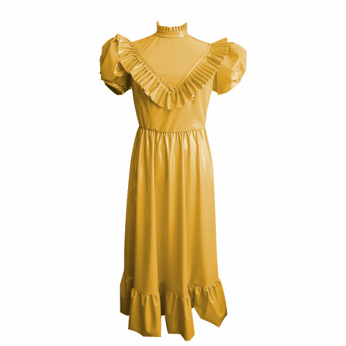 Retro High Waist Long Dress Sissy Elegant Puff Short Sleeves A-Line Dress with Ruffle Trim Vinyl PVC Leather Princess Style Robe