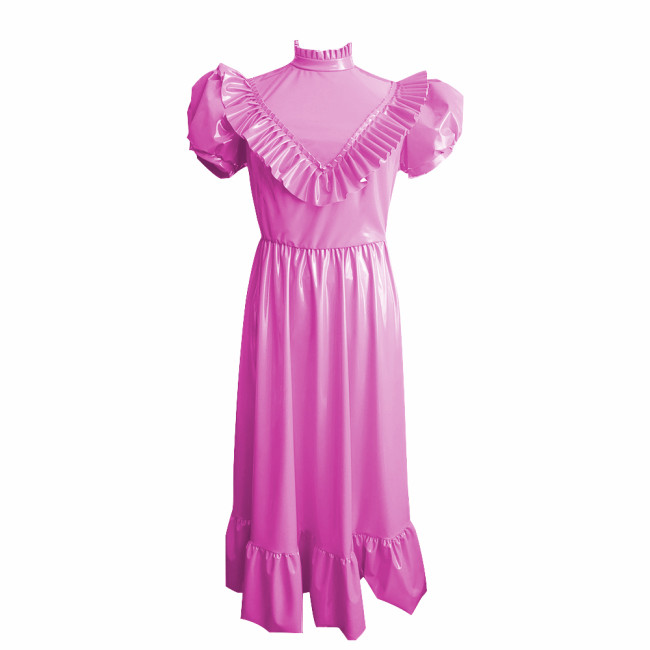 Retro High Waist Long Dress Sissy Elegant Puff Short Sleeves A-Line Dress with Ruffle Trim Vinyl PVC Leather Princess Style Robe