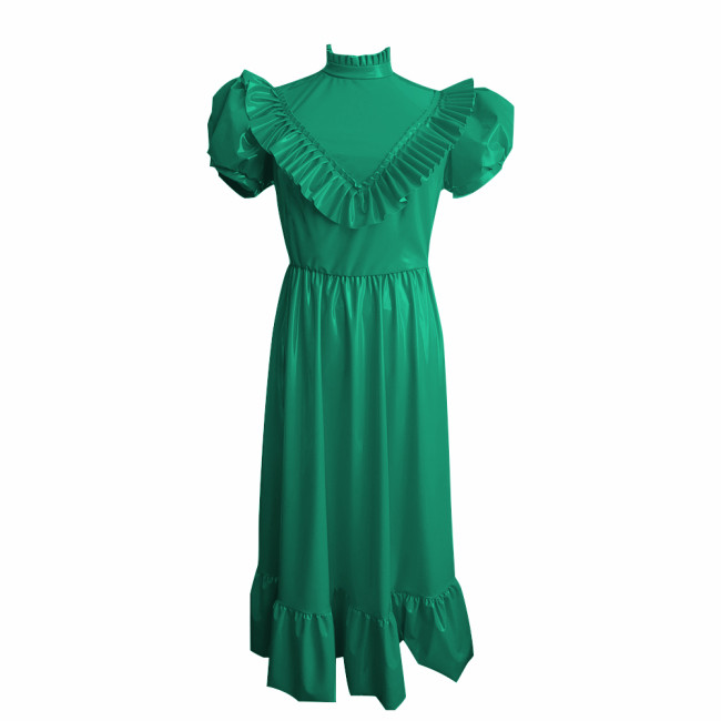Retro High Waist Long Dress Sissy Elegant Puff Short Sleeves A-Line Dress with Ruffle Trim Vinyl PVC Leather Princess Style Robe