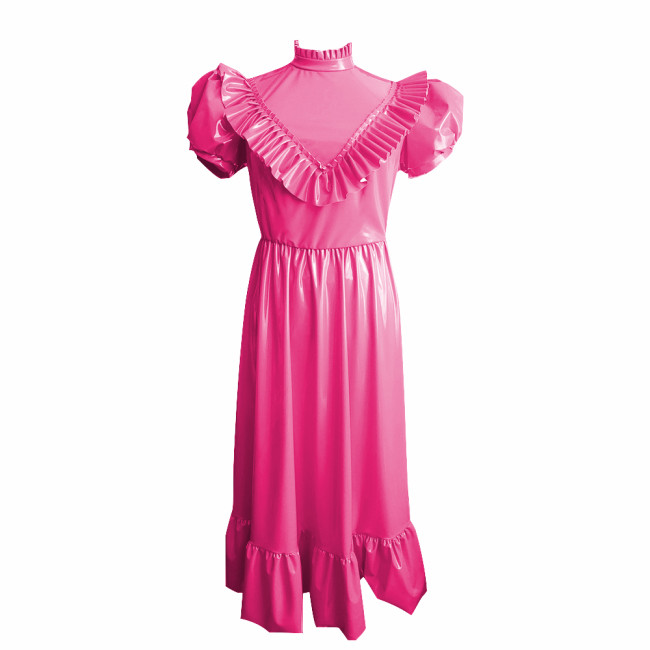 Retro High Waist Long Dress Sissy Elegant Puff Short Sleeves A-Line Dress with Ruffle Trim Vinyl PVC Leather Princess Style Robe