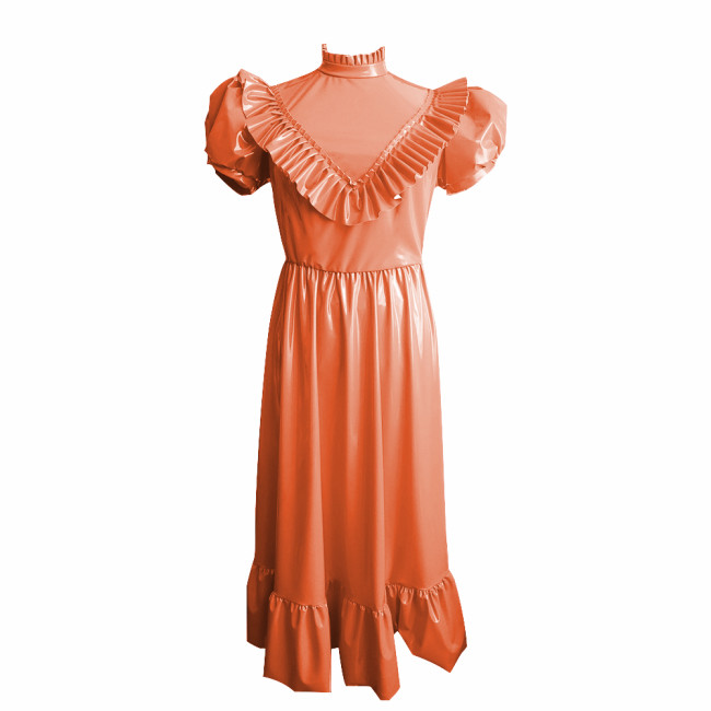 Retro High Waist Long Dress Sissy Elegant Puff Short Sleeves A-Line Dress with Ruffle Trim Vinyl PVC Leather Princess Style Robe