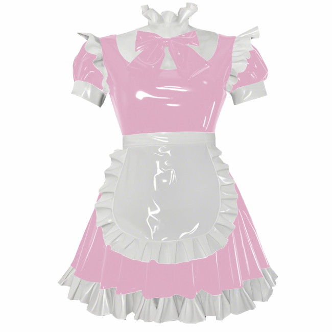 Party Cosplay Sweet Lolita Maid Uniforms Sissy Puff Short Sleeve Ruffles A-line Mini Dress with Apron Glossy PVC Fancy Outfits