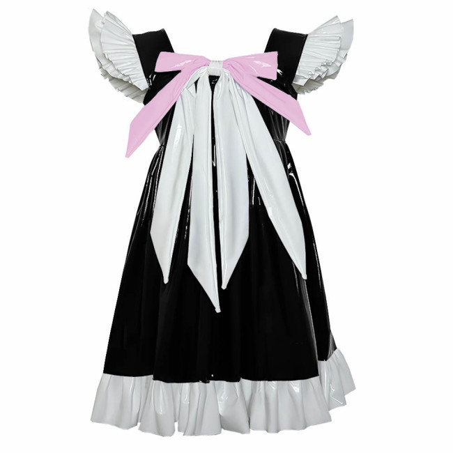 Cross-dresser Sweet Mini Dress Sissy Bow Front Ruffle Hem A-line Dress Lolita PVC Patent Leather High Waist Princess Party Dress