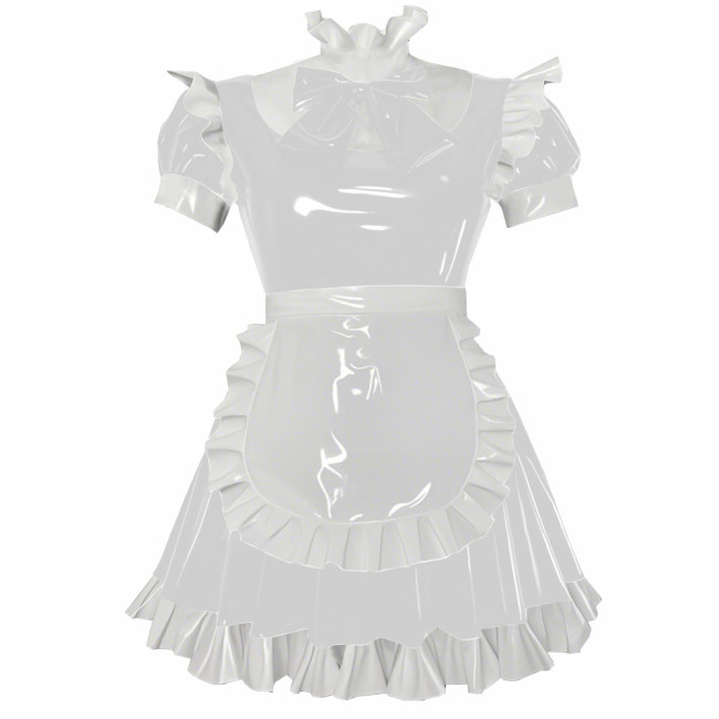 Party Cosplay Sweet Lolita Maid Uniforms Sissy Puff Short Sleeve Ruffles A-line Mini Dress with Apron Glossy PVC Fancy Outfits