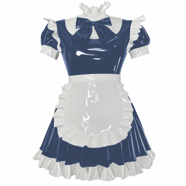 Party Cosplay Sweet Lolita Maid Uniforms Sissy Puff Short Sleeve Ruffles A-line Mini Dress with Apron Glossy PVC Fancy Outfits