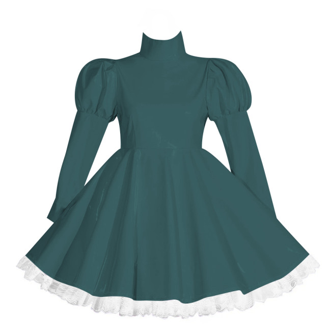 Wetlook Lockable Turtleneck Short Dress Puff Sleeve High Waist Pleated Mini Dress Vinyl PVC Leather Outfits Rave Party Club Wear