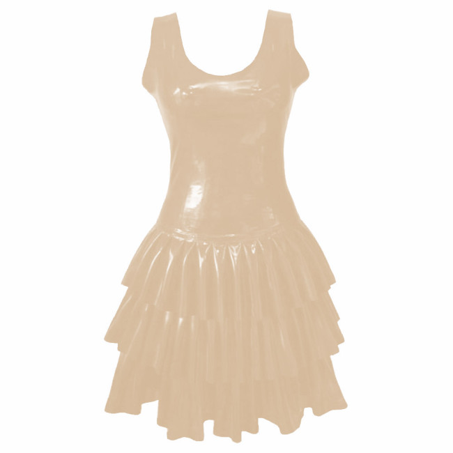 Womens PVC Patent Leather Multi-Layered Ruffled Mini Dress Club Sleeveless O-neck Wetlook Sundress Raves Party A-Line Tank Dress