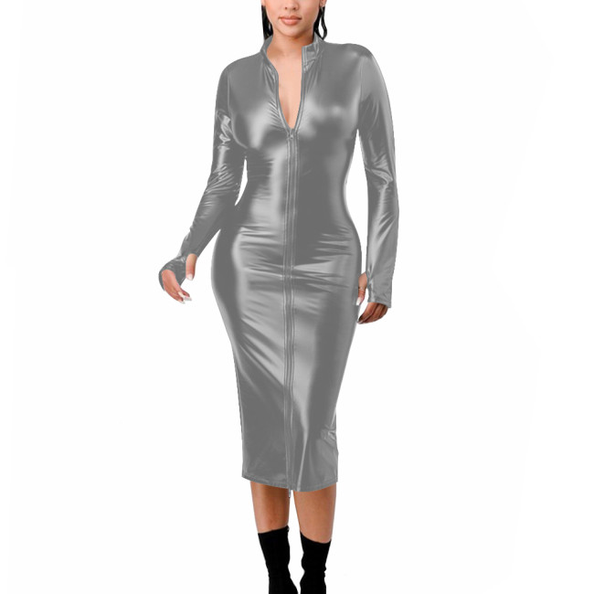Womens PU Matte Leather Tight Midi Dress Fashion Sexy Zipper Bodycon Dress with Adjustable Drawstring Back Club Party Vestidos
