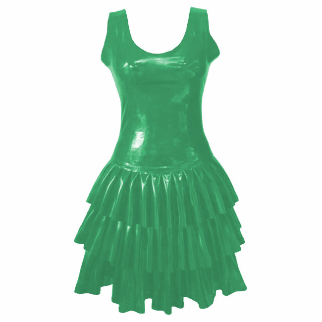 Womens PVC Patent Leather Multi-Layered Ruffled Mini Dress Club Sleeveless O-neck Wetlook Sundress Raves Party A-Line Tank Dress