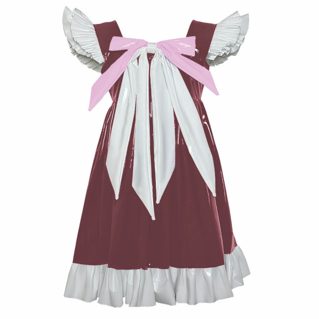 Cross-dresser Sweet Mini Dress Sissy Bow Front Ruffle Hem A-line Dress Lolita PVC Patent Leather High Waist Princess Party Dress