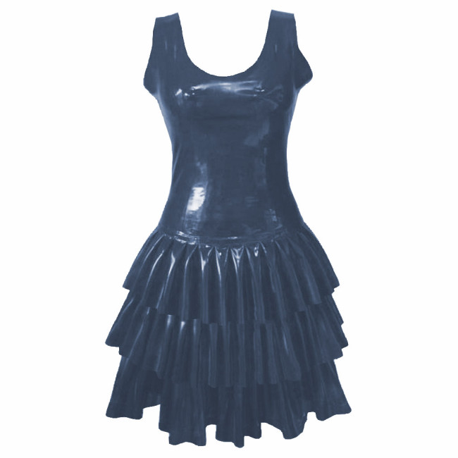 Womens PVC Patent Leather Multi-Layered Ruffled Mini Dress Club Sleeveless O-neck Wetlook Sundress Raves Party A-Line Tank Dress