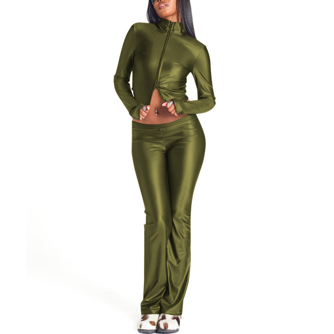 Fashion Ladies 2 Piece Sets for Women Long Sleeve High Neck Zipper Front Crop Top High Waist Slim Fit Long Pants Set Clubwear