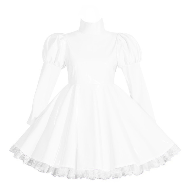 Wetlook Lockable Turtleneck Short Dress Puff Sleeve High Waist Pleated Mini Dress Vinyl PVC Leather Outfits Rave Party Club Wear