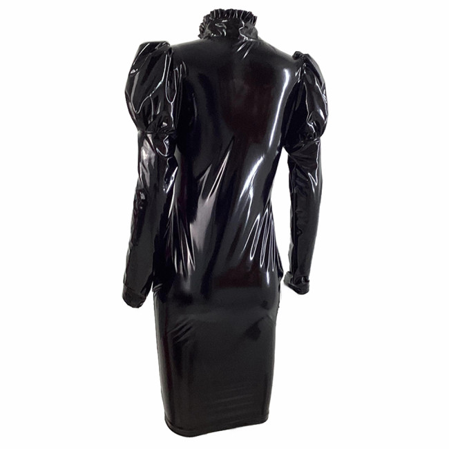 Elegant Glossy Women PVC Mini Dress Chic Ruffles High Neck Long Sleeve Buttons Bodycon Dresses Ladies Vinyl Leather Club Robe