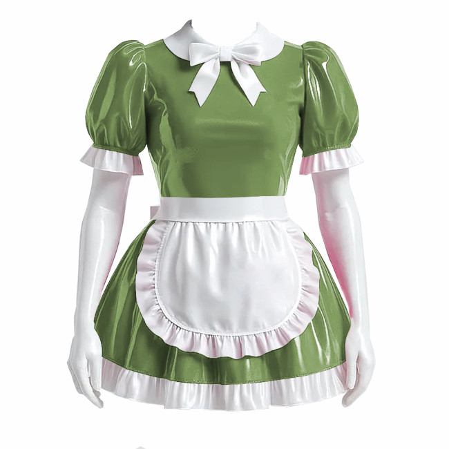 Sissy Bowtie French Maid Dress Outfit PVC Shiny Lockable Mini Maid Dress with Apron Crossdress Cosplay Fancy Maidservant Uniform