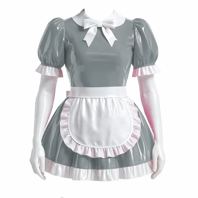 Sissy Bowtie French Maid Dress Outfit PVC Shiny Lockable Mini Maid Dress with Apron Crossdress Cosplay Fancy Maidservant Uniform