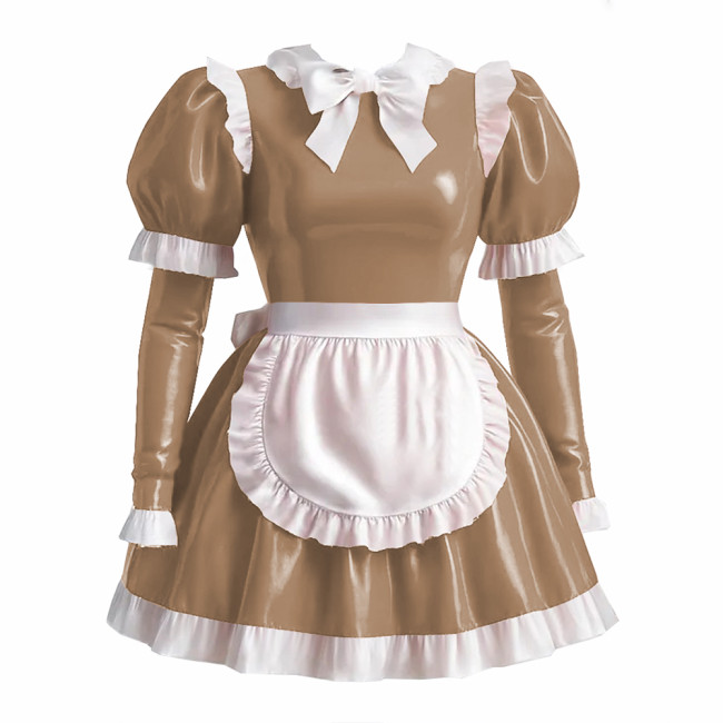 Sissy Lolita Style Maid Outfit Wetlook PVC Leather Bow Knots Pleated Maid Dress Lockable Long Sleeve Waitress Role Paly Uniforms