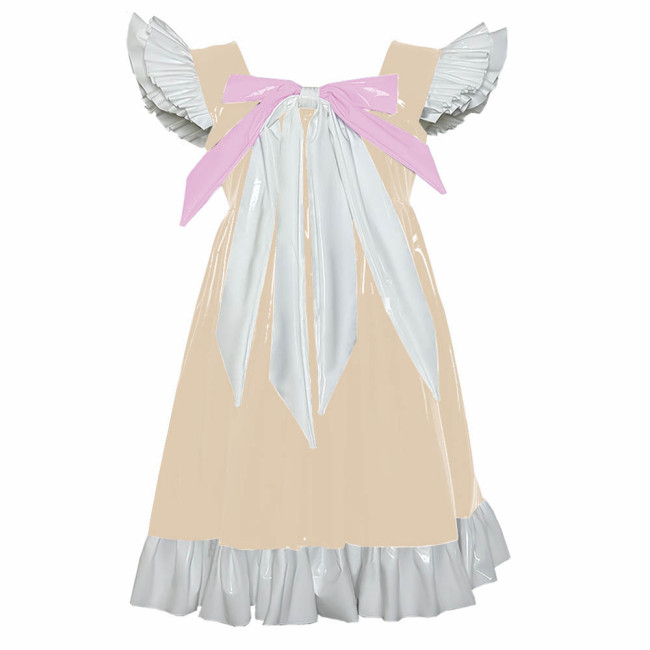 Cross-dresser Sweet Mini Dress Sissy Bow Front Ruffle Hem A-line Dress Lolita PVC Patent Leather High Waist Princess Party Dress