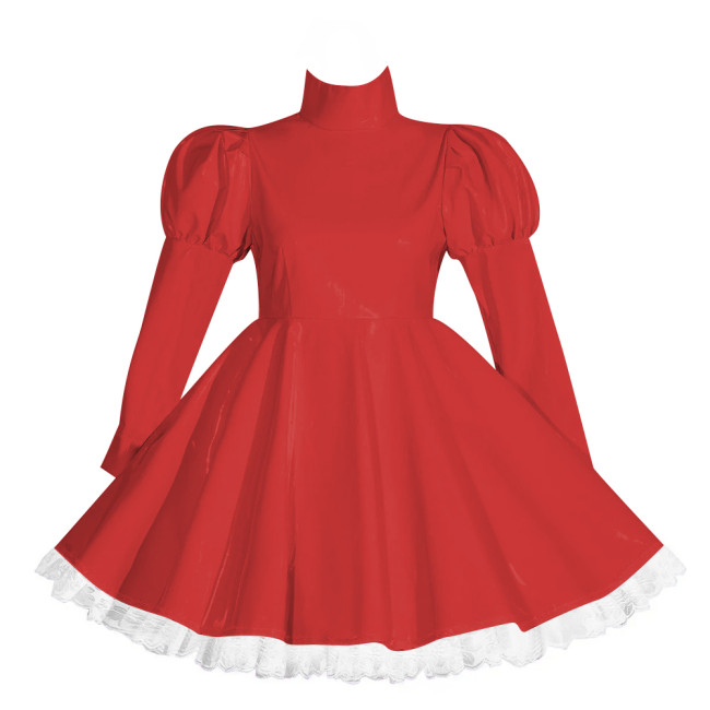 Wetlook Lockable Turtleneck Short Dress Puff Sleeve High Waist Pleated Mini Dress Vinyl PVC Leather Outfits Rave Party Club Wear