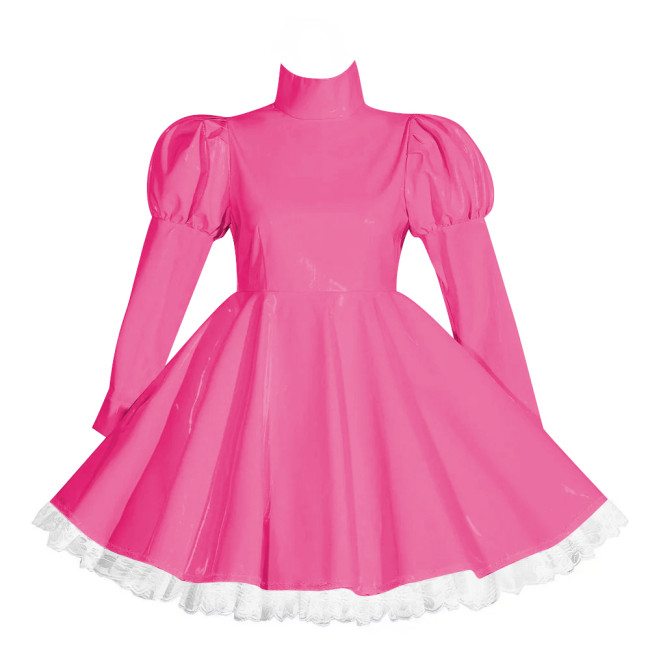 Wetlook Lockable Turtleneck Short Dress Puff Sleeve High Waist Pleated Mini Dress Vinyl PVC Leather Outfits Rave Party Club Wear