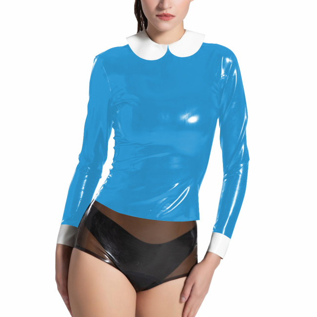 Chic Women's Peter Pan Collar Tops Glossy PVC Leather Contrast Long Sleeve Blouse Casual High Street Female T-shirts Clubwear