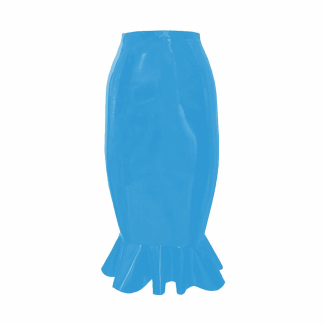 Latex-look PVC Leather Womens Fishtail Skirt Raves Party High Waisted Midi Skirt Sissy Nightclub Tight Hobble Skirt With Ruffles