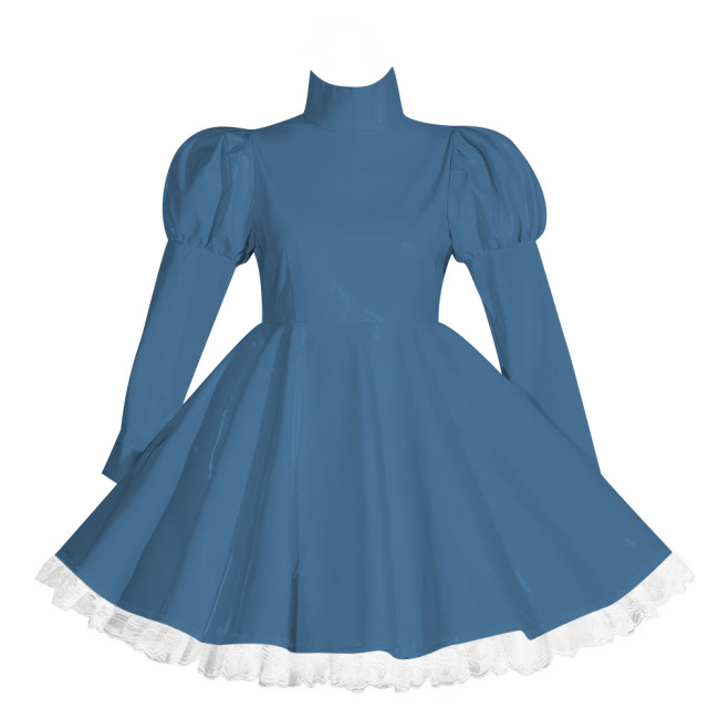 Wetlook Lockable Turtleneck Short Dress Puff Sleeve High Waist Pleated Mini Dress Vinyl PVC Leather Outfits Rave Party Club Wear