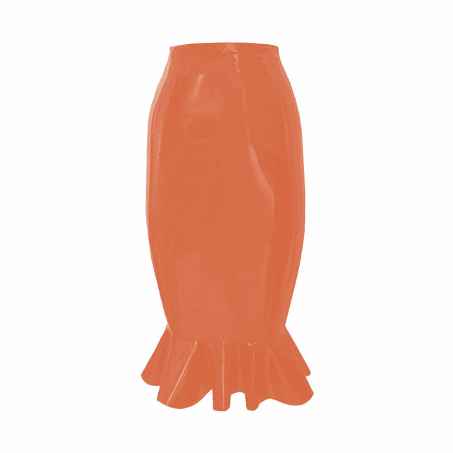 Latex-look PVC Leather Womens Fishtail Skirt Raves Party High Waisted Midi Skirt Sissy Nightclub Tight Hobble Skirt With Ruffles
