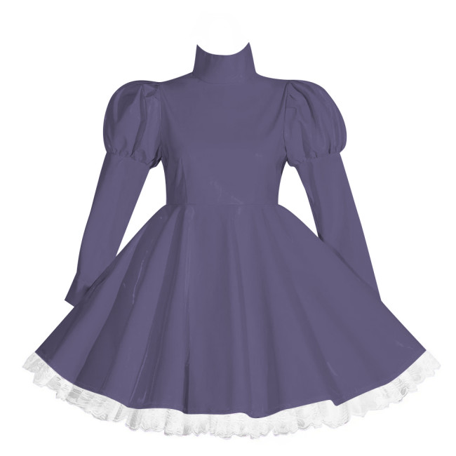 Wetlook Lockable Turtleneck Short Dress Puff Sleeve High Waist Pleated Mini Dress Vinyl PVC Leather Outfits Rave Party Club Wear