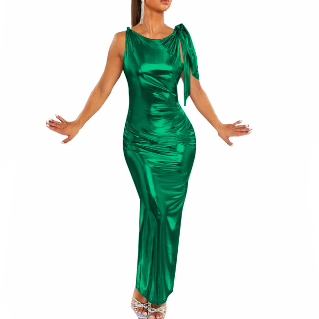 Shiny Sexy Sleeveless Round Neck Long Evening Dresses Liquid Metallic Party Women's Dresses Nightclub Slim Fit Elegant Vestidos