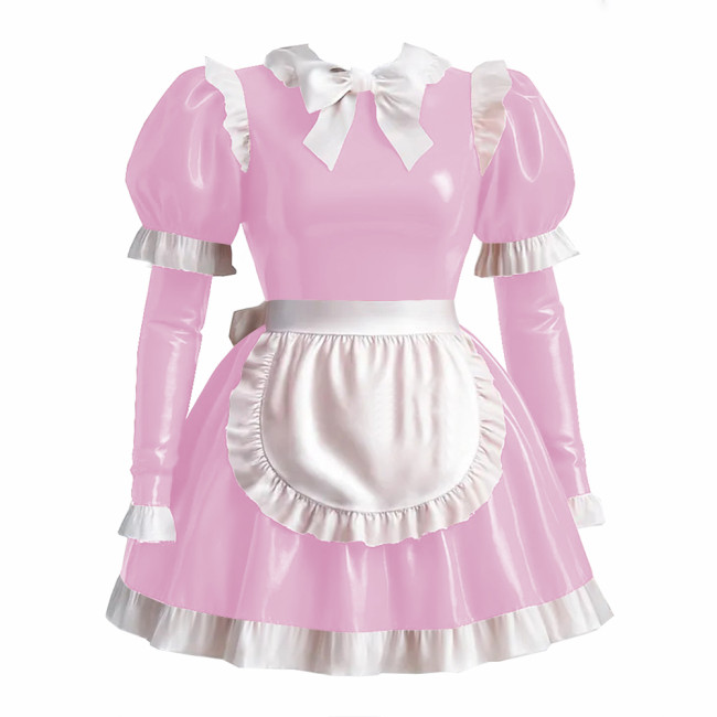 Sissy Lolita Style Maid Outfit Wetlook PVC Leather Bow Knots Pleated Maid Dress Lockable Long Sleeve Waitress Role Paly Uniforms