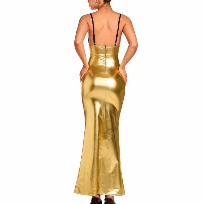 Sexy Metallic Shiny Long Formal Dress Spaghetti Straps V-Neck Backless Sheath Prom Gowns Sparkling Womens Slim Cocktail Dresses