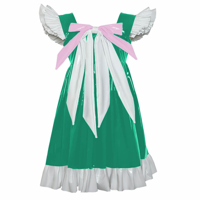 Cross-dresser Sweet Mini Dress Sissy Bow Front Ruffle Hem A-line Dress Lolita PVC Patent Leather High Waist Princess Party Dress