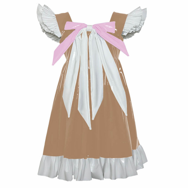 Cross-dresser Sweet Mini Dress Sissy Bow Front Ruffle Hem A-line Dress Lolita PVC Patent Leather High Waist Princess Party Dress