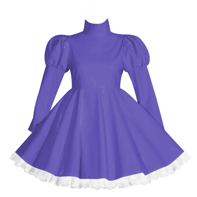 Wetlook Lockable Turtleneck Short Dress Puff Sleeve High Waist Pleated Mini Dress Vinyl PVC Leather Outfits Rave Party Club Wear