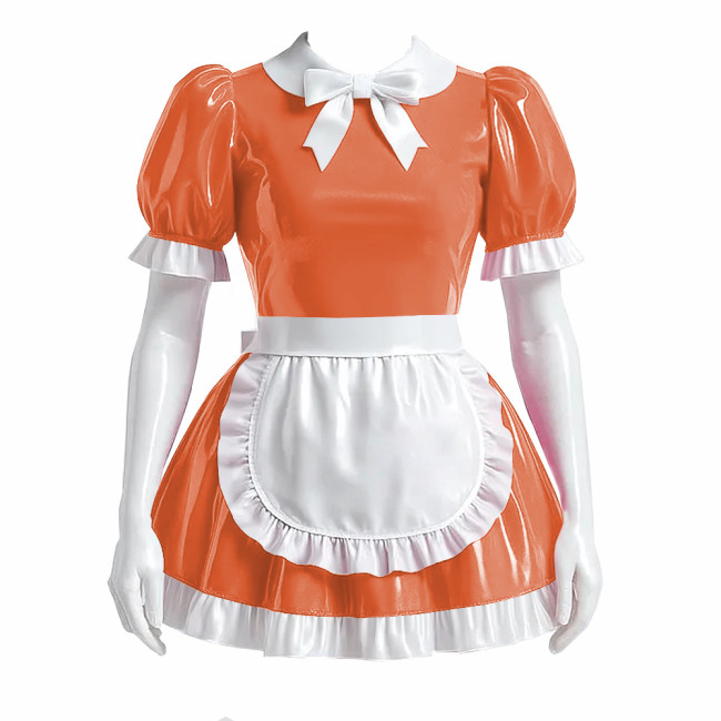 Sissy Bowtie French Maid Dress Outfit PVC Shiny Lockable Mini Maid Dress with Apron Crossdress Cosplay Fancy Maidservant Uniform