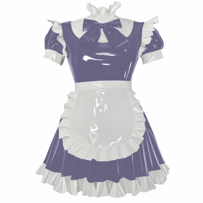 Party Cosplay Sweet Lolita Maid Uniforms Sissy Puff Short Sleeve Ruffles A-line Mini Dress with Apron Glossy PVC Fancy Outfits