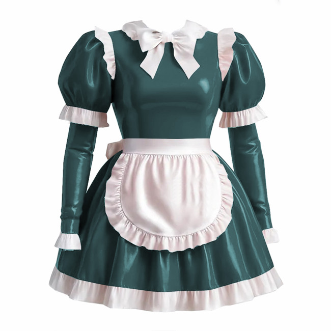 Sissy Lolita Style Maid Outfit Wetlook PVC Leather Bow Knots Pleated Maid Dress Lockable Long Sleeve Waitress Role Paly Uniforms