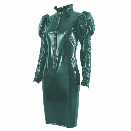 Elegant Glossy Women PVC Mini Dress Chic Ruffles High Neck Long Sleeve Buttons Bodycon Dresses Ladies Vinyl Leather Club Robe